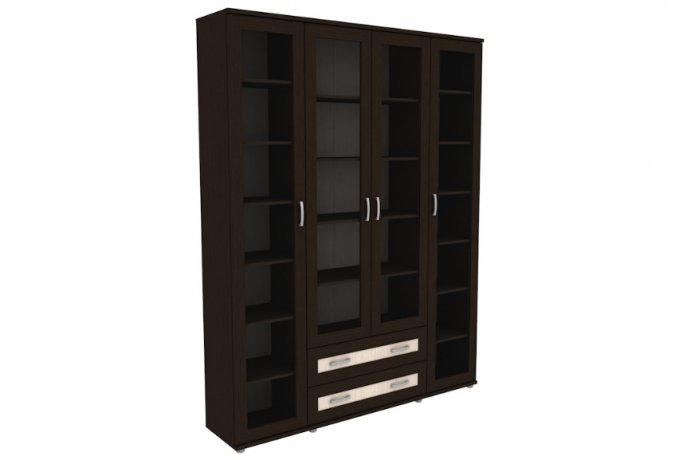 Книжный шкаф со стеклянными дверцами 4 дверный с ящиками Гарун-К 504.04 — Венге со светлой вставкой