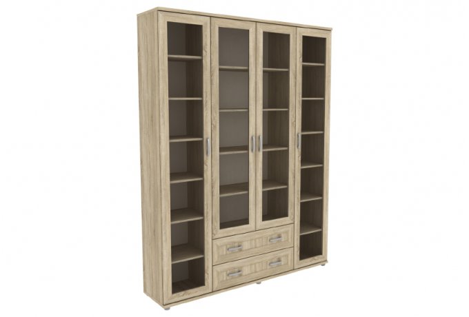 Книжный шкаф со стеклянными дверцами 4 дверный с ящиками Гарун-К 504.04 — Дуб Сонома