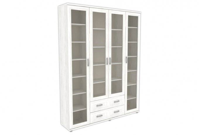 Книжный шкаф со стеклянными дверцами 4 дверный с ящиками Гарун-К 504.04 — Арктика