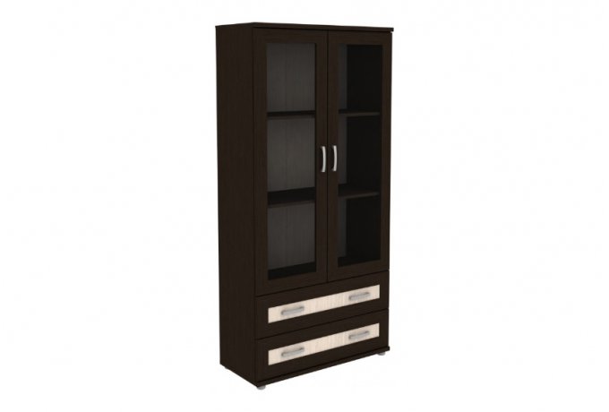 Книжный шкаф со стеклянными дверцами и ящиками Гарун-К 402.06 — Венге со светлой вставкой